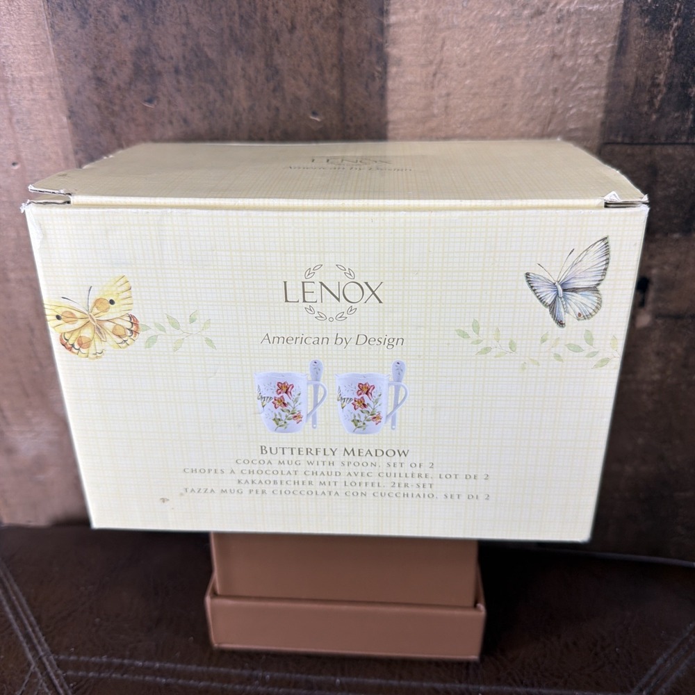 LENOX Butterfly Meadow Cocoa Mug with Spoon Set of 2 Porcelain Cups NEW IN BOX